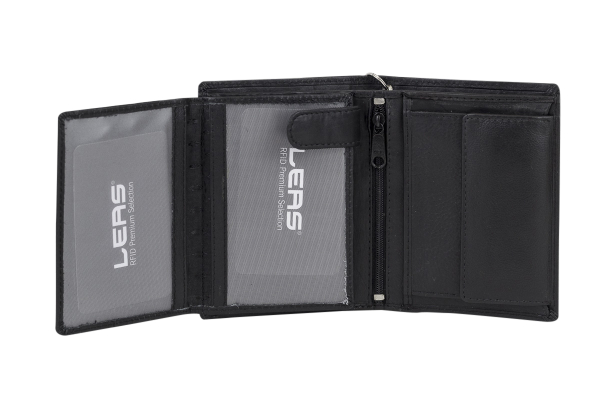 Biker Geldbörse Herren mit RFID Schutz und Kette kompakt LEAS, Herren Geldbeutel flach RFID Folie in Echt-Leder, Portmonee im Hochformat, schwarz